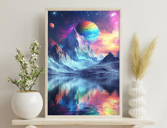 A surreal cosmic landscape with towering colorful mountains reflected in a still lake, with a massive rainbow-colored planet and a smaller reddish moon in a starry nebula sky.
