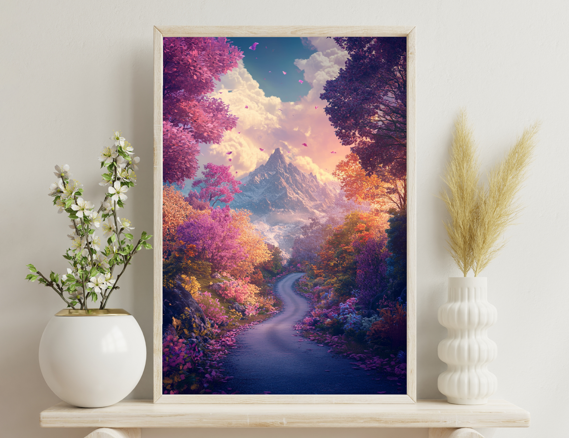 A winding path surrounded by vibrant autumn foliage leads towards a majestic snow-capped mountain peak against a cloudy sky with butterflies fluttering about.
