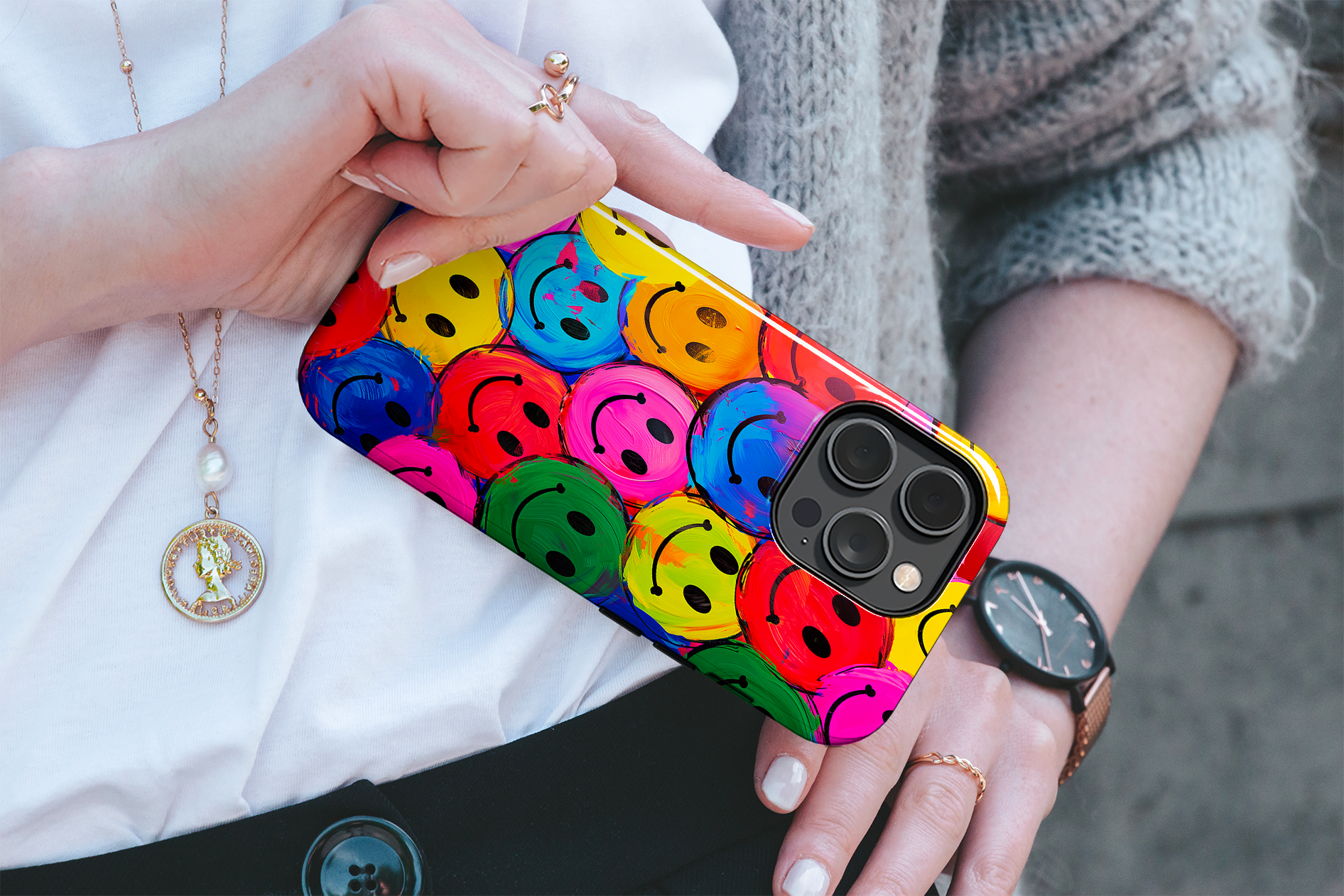 Colorful Smiley Face (iPhone MagSafe Case)Elevate your iPhone's protection and style with RimaGallery's Colorful smiley face on iphone MagSafe Case against a dark backdrop. Enjoy dual-layer defense, vibrant RimaGallery