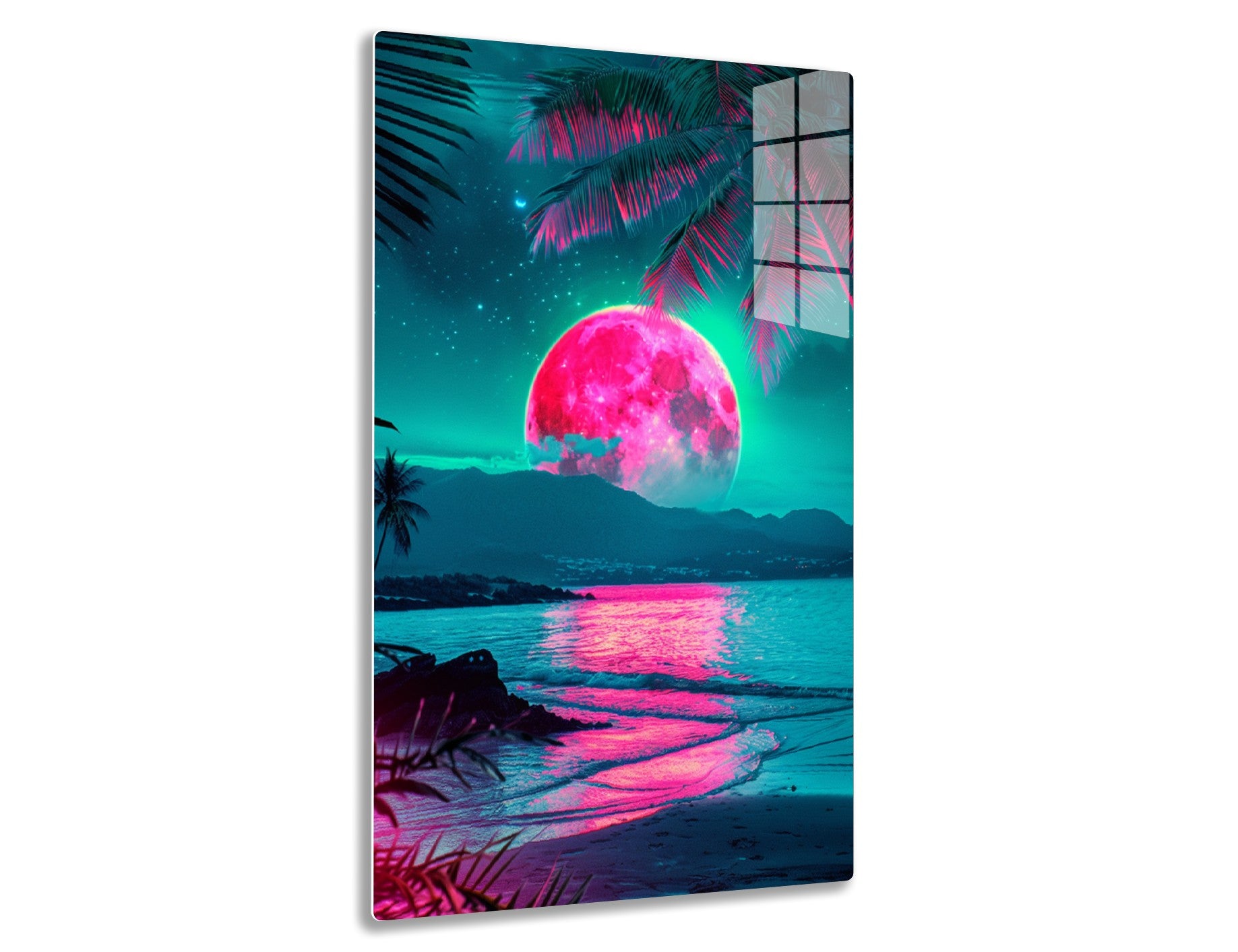 A vibrant, digitally-rendered paradise landscape with a massive pink full moon rising over an ocean horizon, casting its vivid reflection on the water's surface. Silhouetted palm trees frame the dreamy, neon-colored scene
