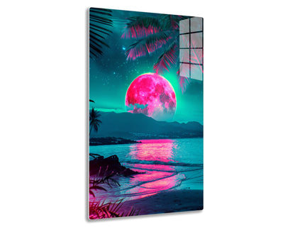 A vibrant, digitally-rendered paradise landscape with a massive pink full moon rising over an ocean horizon, casting its vivid reflection on the water's surface. Silhouetted palm trees frame the dreamy, neon-colored scene
