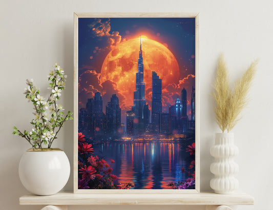 A surreal image of a futuristic city skyline in Dubai with towering skyscrapers illuminated against a massive orange sun and clouds, reflected in calm waters with vibrant flowers in the foreground.
