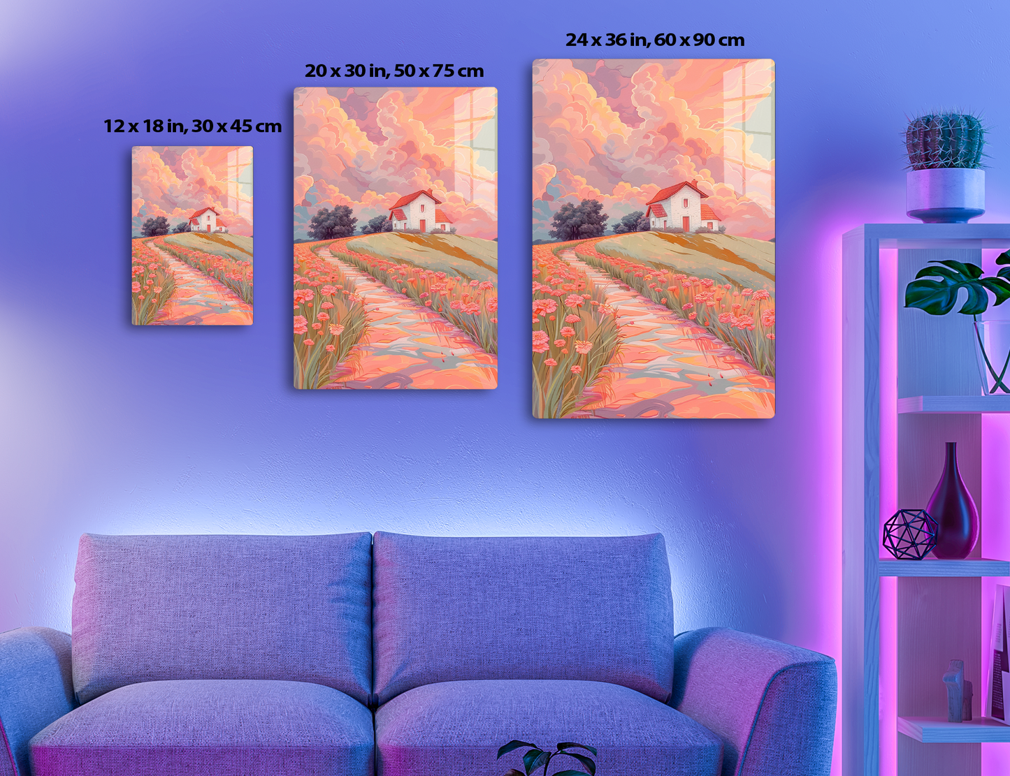 A countryside scene with a red-roofed white house on a hill, surrounded by rolling fields of pink and red flowers leading towards it, against a dramatic cloudy sunset sky with shades of pink, orange and purple.
