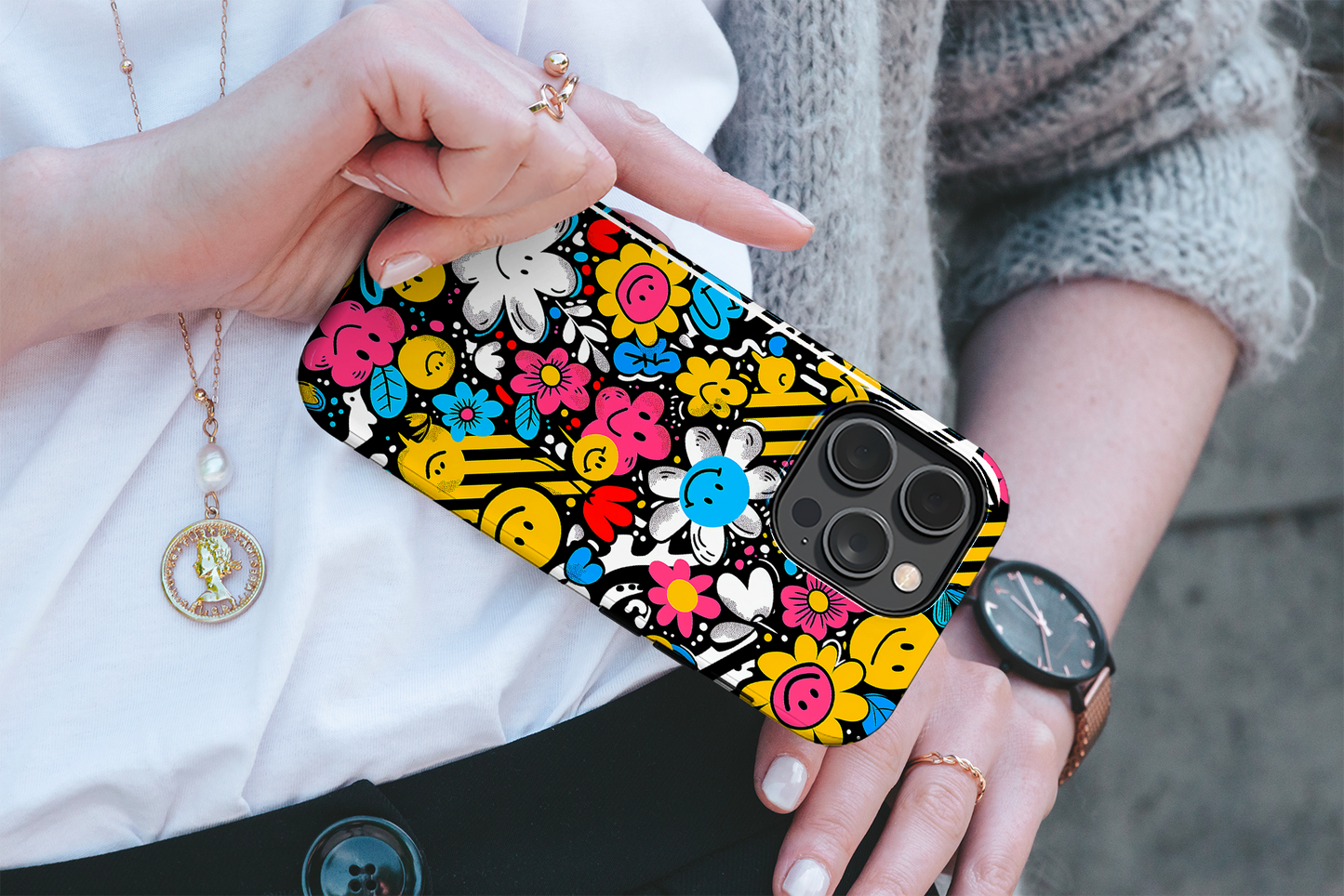 Cheerful Smiley Faces  (iPhone Case 11-15)-Elevate your iPhone's protection and style with RimaGallery'sA playful phone case with a cheerful mix of smiley faces and colorful flowers On case, featuring dual-la-smiley faces