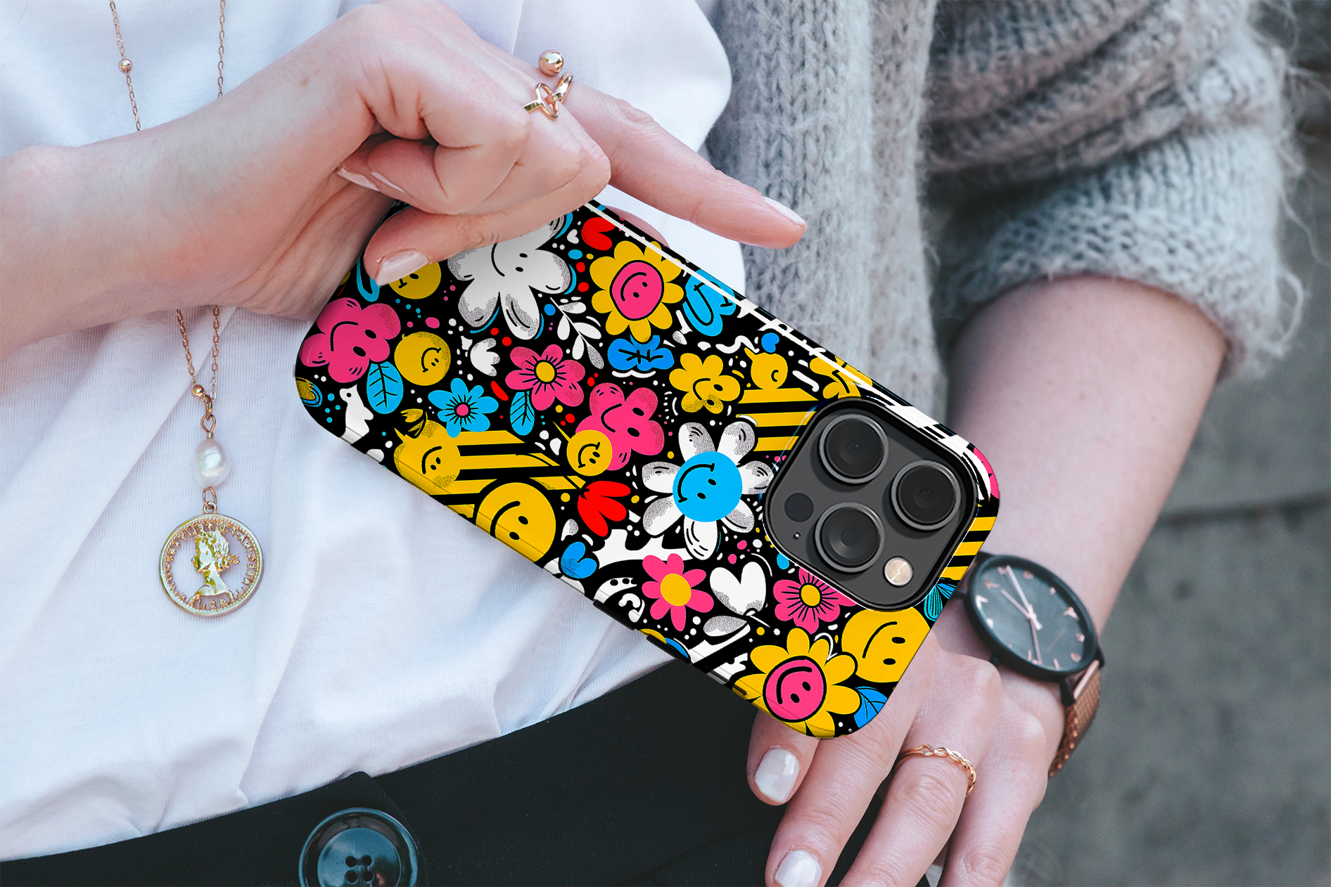 Cheerful Smiley Faces  (iPhone Case 11-15)-Elevate your iPhone's protection and style with RimaGallery'sA playful phone case with a cheerful mix of smiley faces and colorful flowers On case, featuring dual-la-smiley faces
