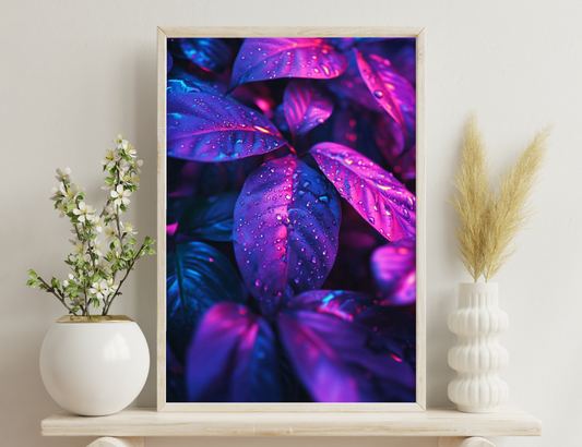 Vibrant, dew-drenched purple and blue flower petals with droplets reflecting neon hues of pink and blue lights, creating a dreamy, ethereal ambiance.
