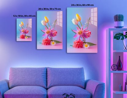 Vibrant and colorful floral arrangement consisting of tulips, daisies, and a bright pink passionfruit flower against a purple and blue gradient background.
