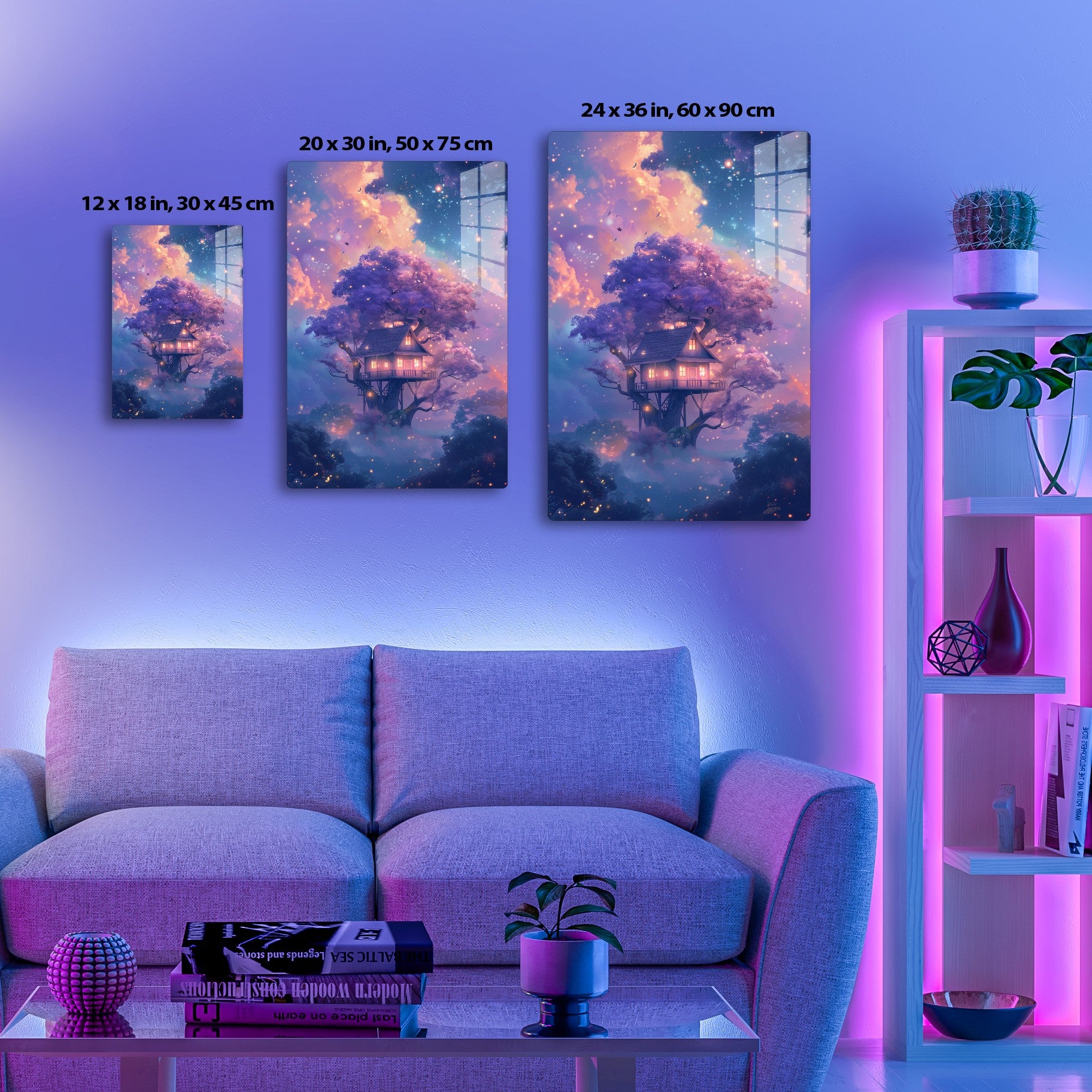 A whimsical treehouse nestled amidst glowing clouds and trees under a starry night sky with twinkling lights, creating a magical, dreamlike atmosphere.
