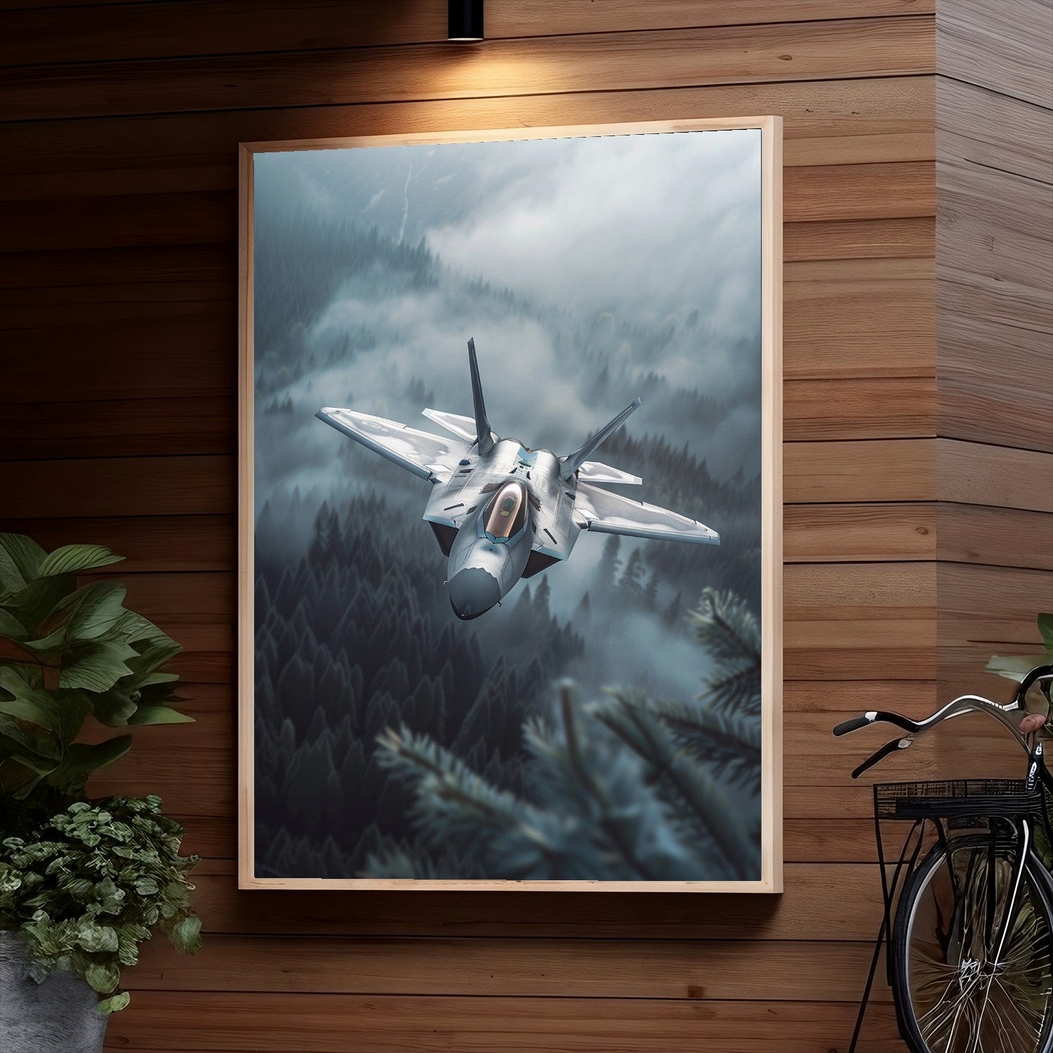 A fighter jet soars through a misty, forested area with an ominous cloudy sky, depicting a powerful and intense military aviation scene.
