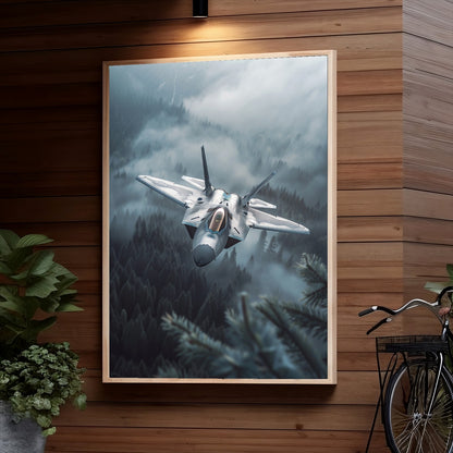 A fighter jet soars through a misty, forested area with an ominous cloudy sky, depicting a powerful and intense military aviation scene.
