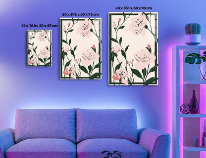 A stylized illustration depicting pink lily flowers with green leaves and stems on a pale background, executed in a flat, minimalist art style.
