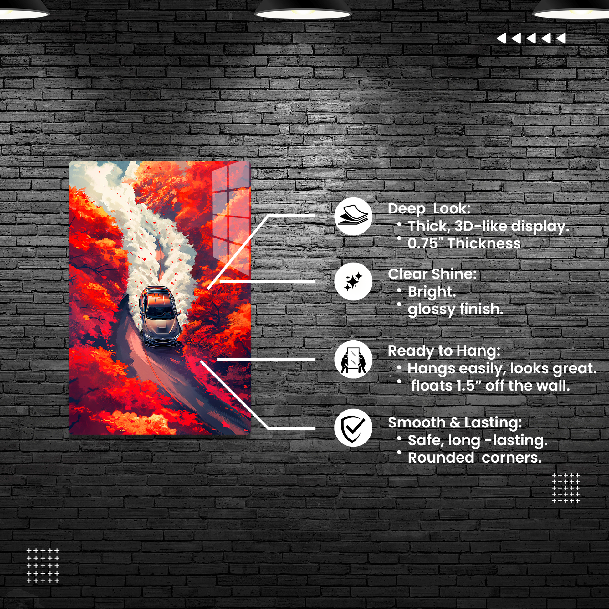 Autumn Drive (Acrylic)Step into the universe with an A drift car journey through a fiery autumnal forest. Acrylic art from RimaGallery. Experience the cosmos in your home with vibrant, etRimaGallery