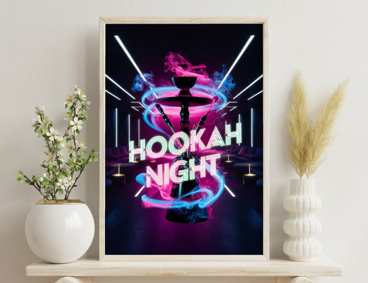 Neon-colored hookah with swirling smoke against a dark background, illuminated by glowing lines and the text "HOOKAH NIGHT" in vibrant colors.
