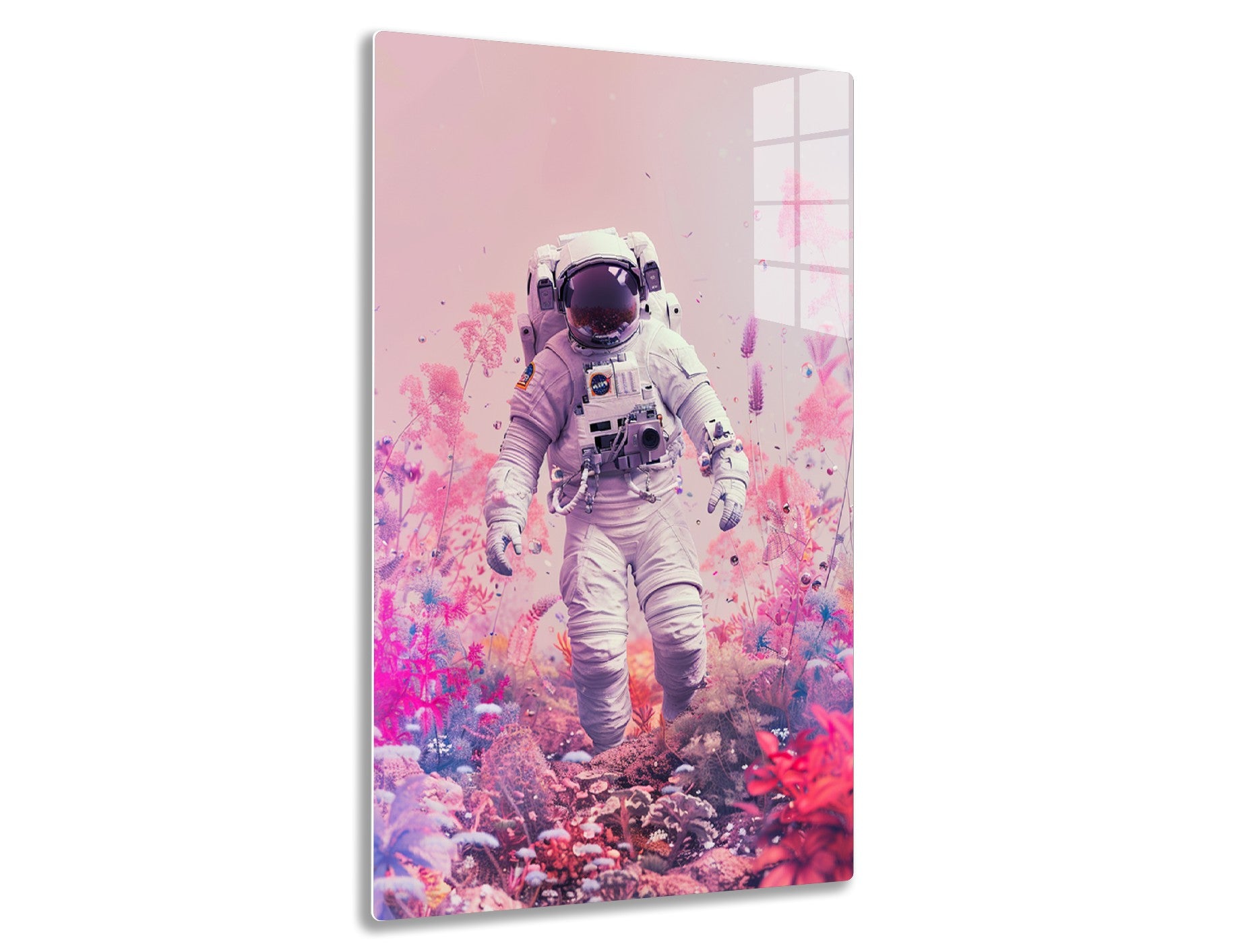 An astronaut in a white spacesuit walks on a rocky, pink-hued alien landscape with colorful, abstract plant-like elements surrounding them.
