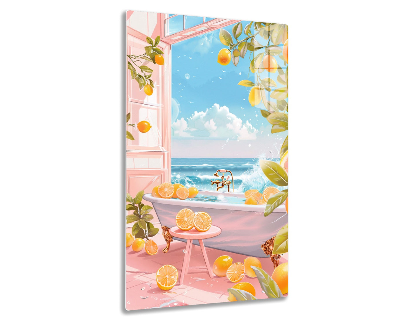 A surreal beach scene with an open doorway leading to a bathtub overlooking the ocean, surrounded by lemon trees and sliced lemons, creating a whimsical and refreshing atmosphere.
