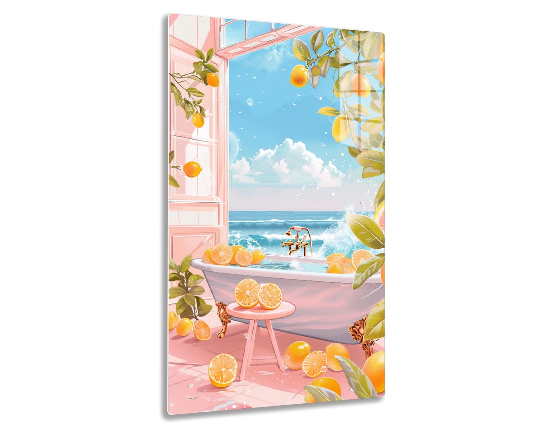 A surreal beach scene with an open doorway leading to a bathtub overlooking the ocean, surrounded by lemon trees and sliced lemons, creating a whimsical and refreshing atmosphere.

