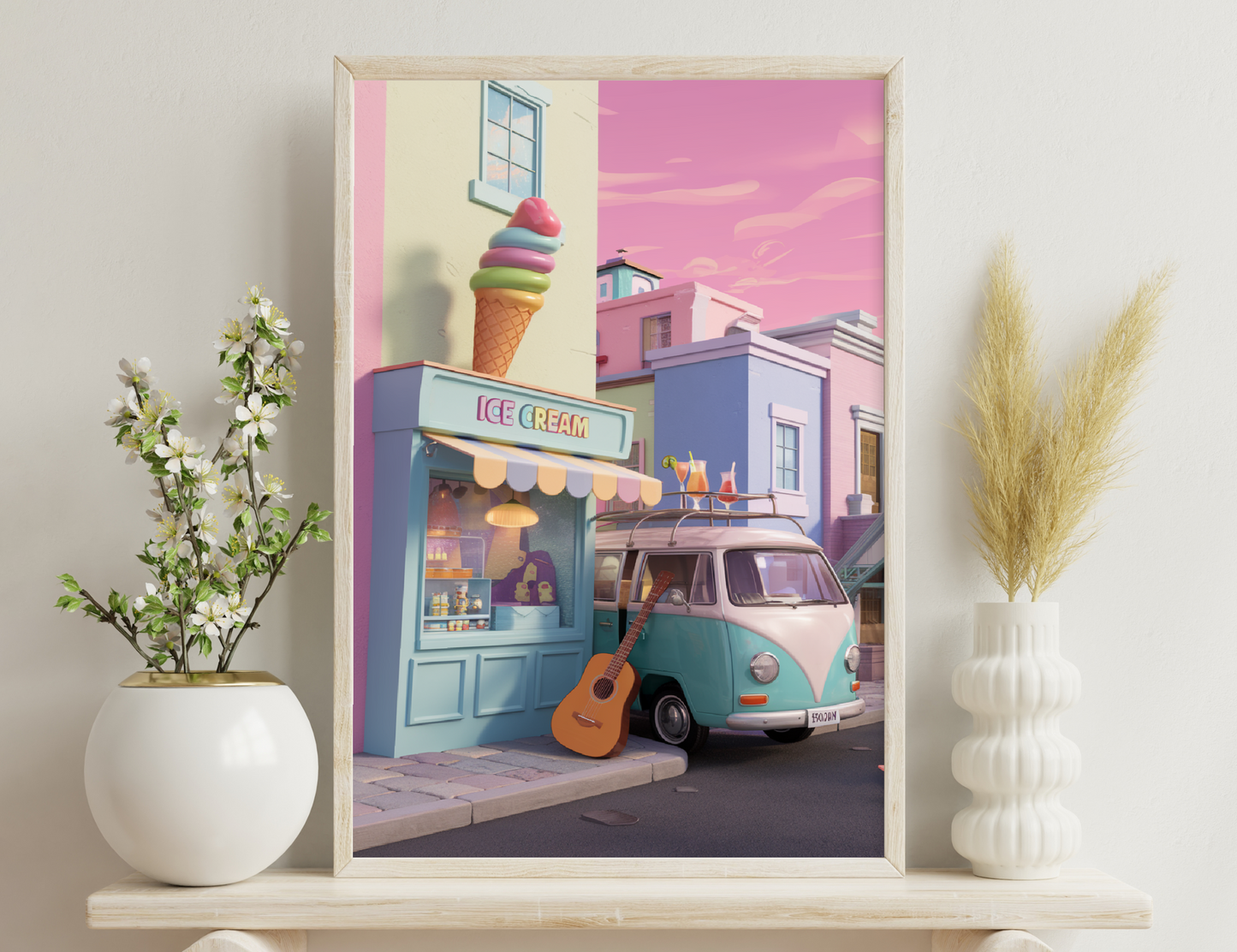 A whimsical scene featuring an ice cream shop with a giant ice cream cone outside, a vintage Volkswagen van with a guitar leaning against it, and colorful cocktails on the van's roof, set against a pink sunset sky
