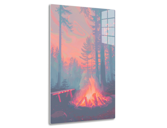 A serene forest scene with tall trees silhouetted against a vibrant pink and purple sunset sky, a warm campfire glowing in the foreground with a wooden bench beside it.
