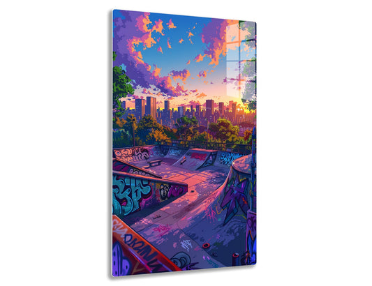 A vibrant urban skatepark scene at sunset, with colorful graffiti art on ramps overlooking a city skyline silhouetted against a dramatic orange and purple cloudy sky.
