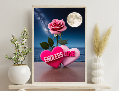 A pink rose blooming under a full moon and night sky, with two heart-shaped objects reading "Endless Love" on a beach shoreline, symbolizing romantic love.
