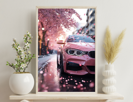 A pink luxury car parked on a street lined with cherry blossom trees in full bloom, with pink petals scattered around.
