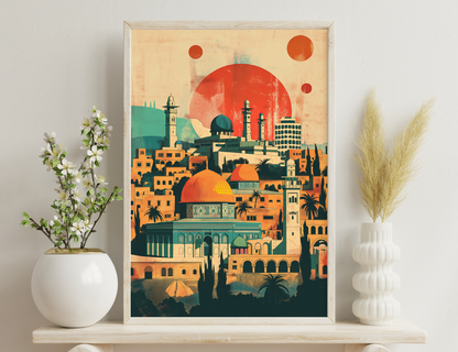 A vibrant illustration depicting a Middle Eastern city skyline, featuring ornate mosques, domed roofs, minarets, and palm trees, against a backdrop of large orange sun-like circles.
