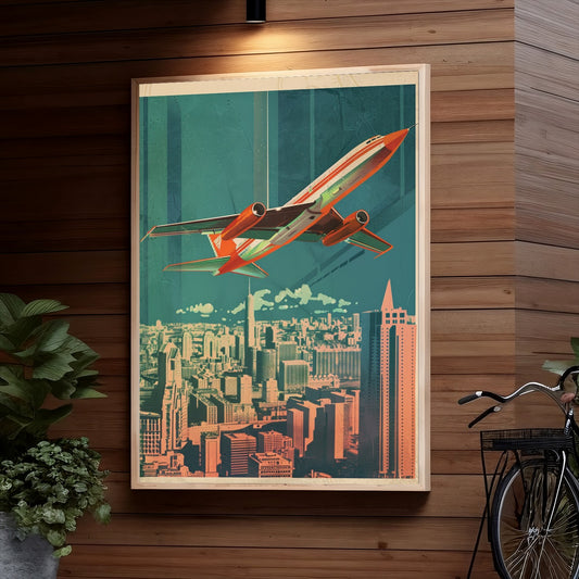 An illustration depicting a futuristic orange aircraft soaring above a stylized city skyline, with tall buildings and a vintage color palette of greens and oranges creating a retro-futuristic atmosphere.
