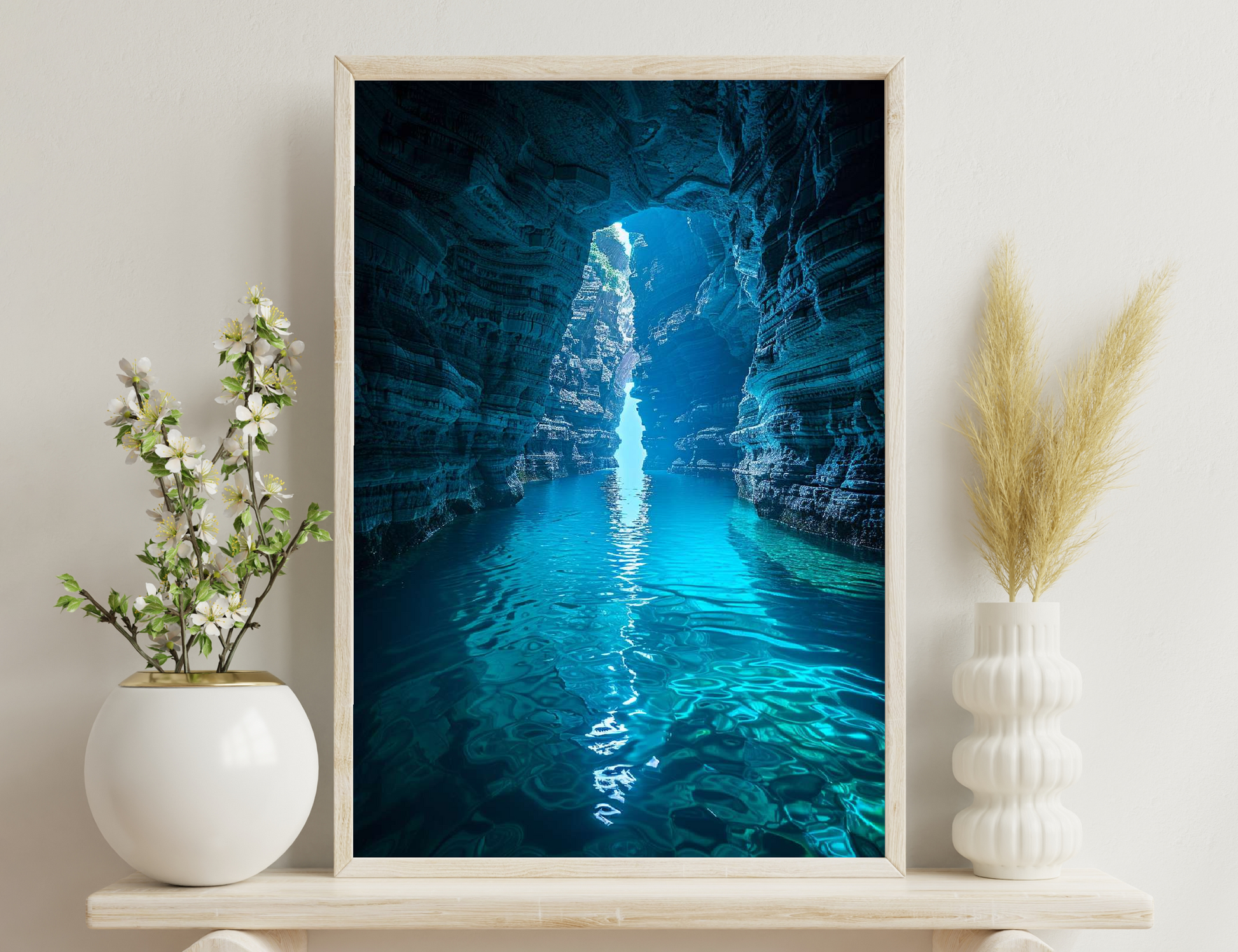 A narrow, towering slot canyon with intricately eroded walls glows in vibrant shades of blue from sunlight filtering in from above. Turquoise waters reflect the rugged textures, creating a mesmerizing, otherw
