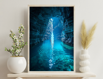 A narrow, towering slot canyon with intricately eroded walls glows in vibrant shades of blue from sunlight filtering in from above. Turquoise waters reflect the rugged textures, creating a mesmerizing, otherw
