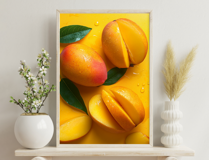 Fresh mango fruits on a yellow background with green leaves and water droplets, showing vibrant oranges and yellows.
