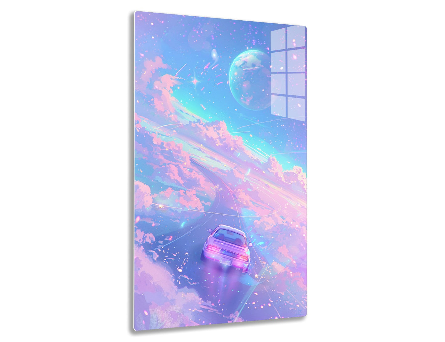 A surreal digital artwork depicting a car floating through a dreamy sky filled with colorful clouds, a large iridescent bubble, and scattered particles, creating a whimsical and imaginative atmosphere.
