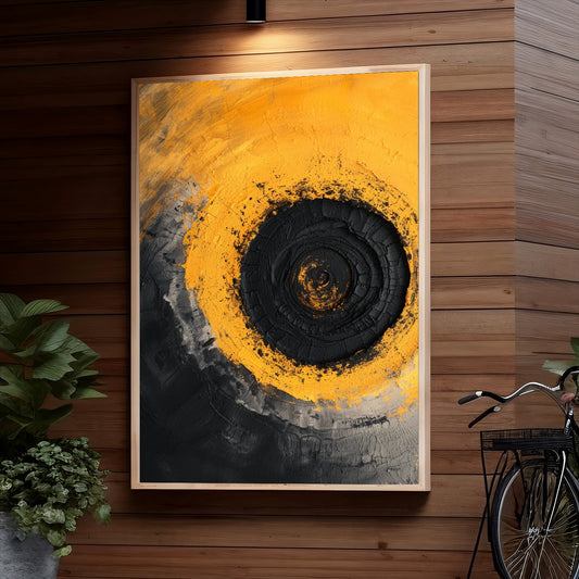 Tire tread pattern abstract in orange and black, resembling a swirling vortex or spiral with gritty textures.

