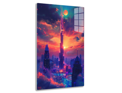 A futuristic cityscape of Dubai at sunset, featuring the iconic Burj Khalifa tower illuminated against a vivid orange sky with clouds, reflecting on the waters below amidst other skyscrapers and modern architecture.
