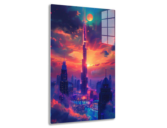 A futuristic cityscape of Dubai at sunset, featuring the iconic Burj Khalifa tower illuminated against a vivid orange sky with clouds, reflecting on the waters below amidst other skyscrapers and modern architecture.
