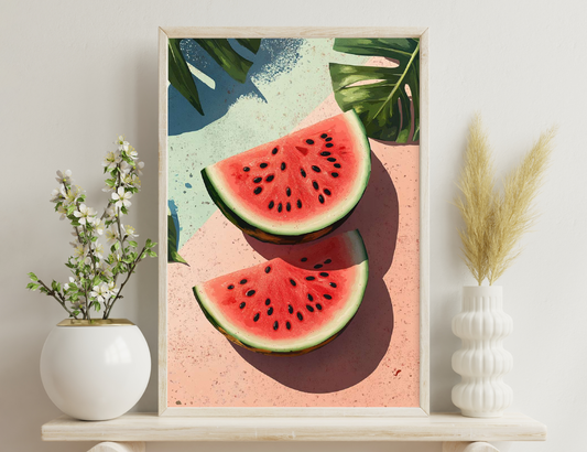 Slices of juicy watermelon against a backdrop of tropical leaves and speckled textures, creating a vibrant and refreshing summer vibe.
