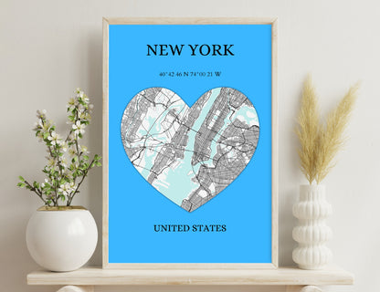 New York map in the shape of a heart, displaying streets and coordinates on a blue background

