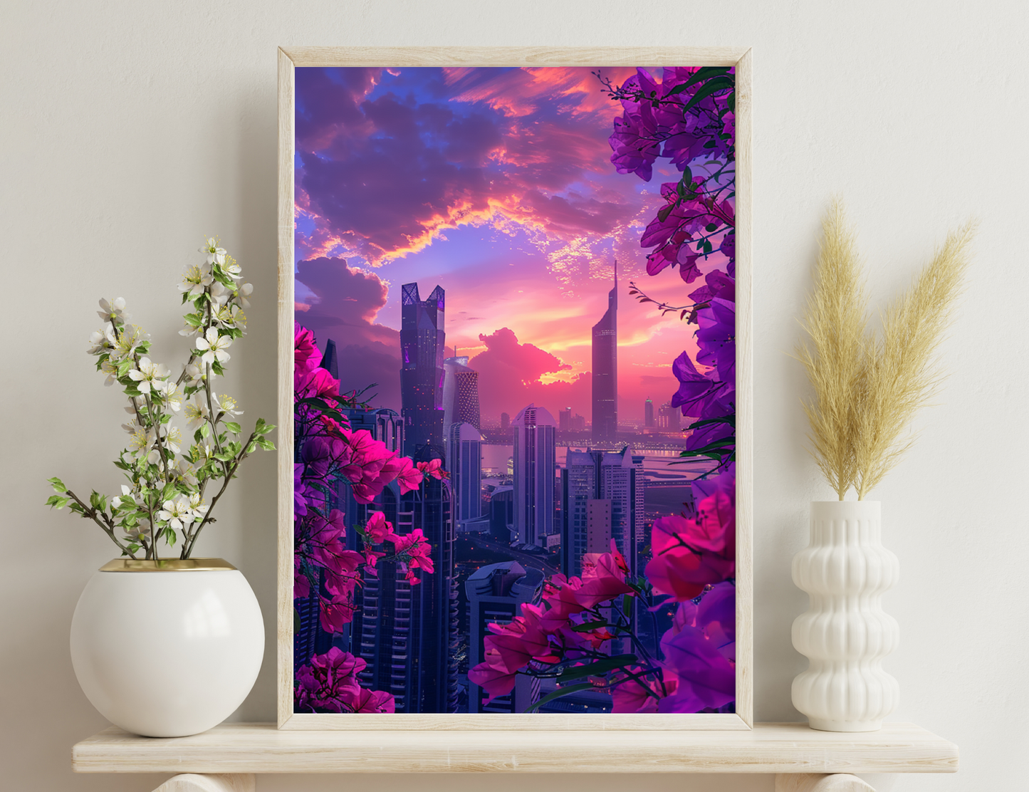 A vibrant cityscape at sunset is framed by pink blossoming branches, with towering skyscrapers silhouetted against a dramatic purple and orange cloudy sky.
