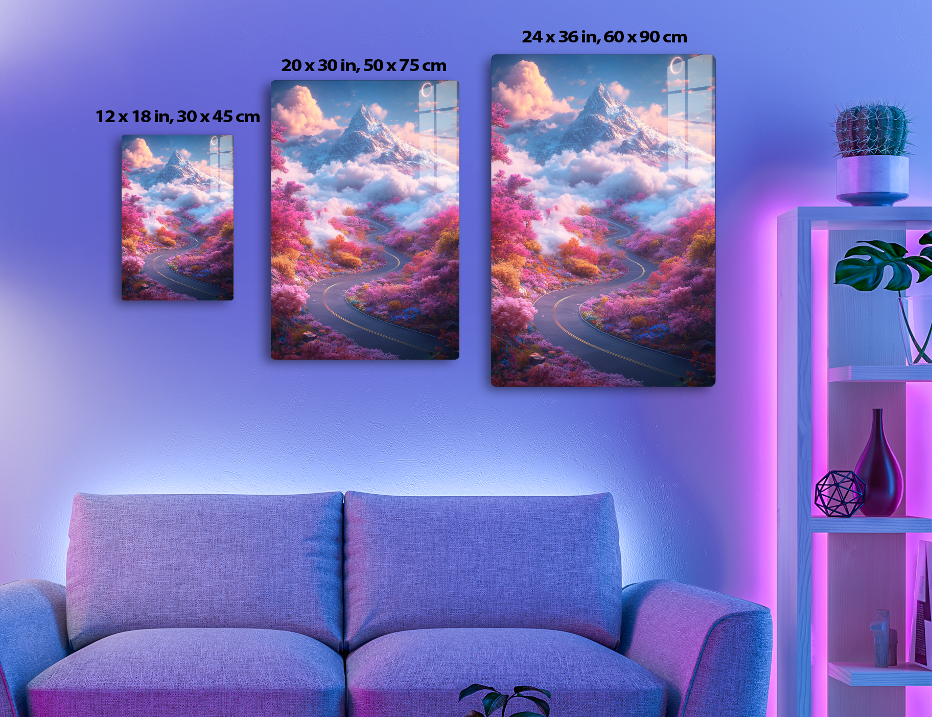 A winding road meanders through a vibrant, fantasy landscape with towering snow-capped mountains, pink and orange clouds, and trees ablaze in autumn hues of red, orange, and purple against a surreal blue sky with a
