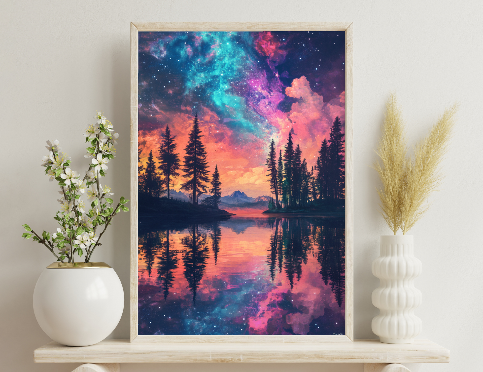 Vibrant cosmic scenery with silhouettes of pine trees reflecting in a tranquil lake, mountains in the distance, and a starry, nebula-filled sky with shades of pink, purple, and turquoise.
