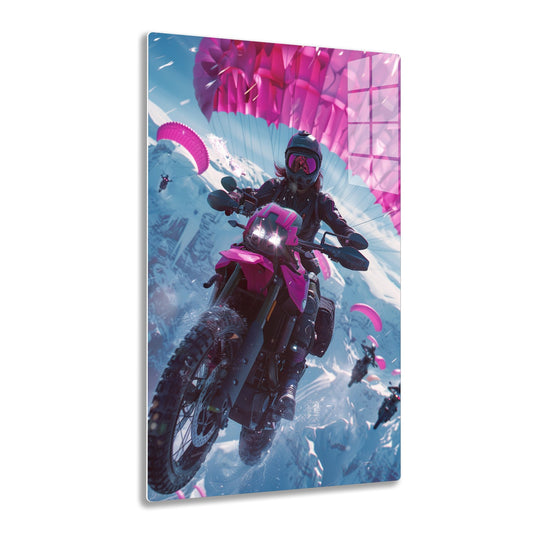 A skydiver on a pink motorcycle descends with a vibrant pink parachute against snowy mountains and other skydivers in the background.
