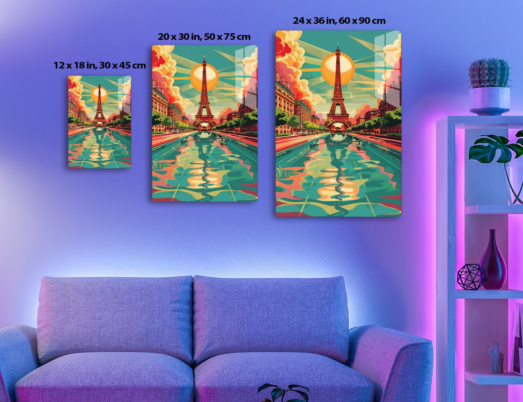 Vibrant illustration featuring the Eiffel Tower in Paris, with colorful buildings, clouds and reflections on a stylized river in shades of orange, red and teal.
