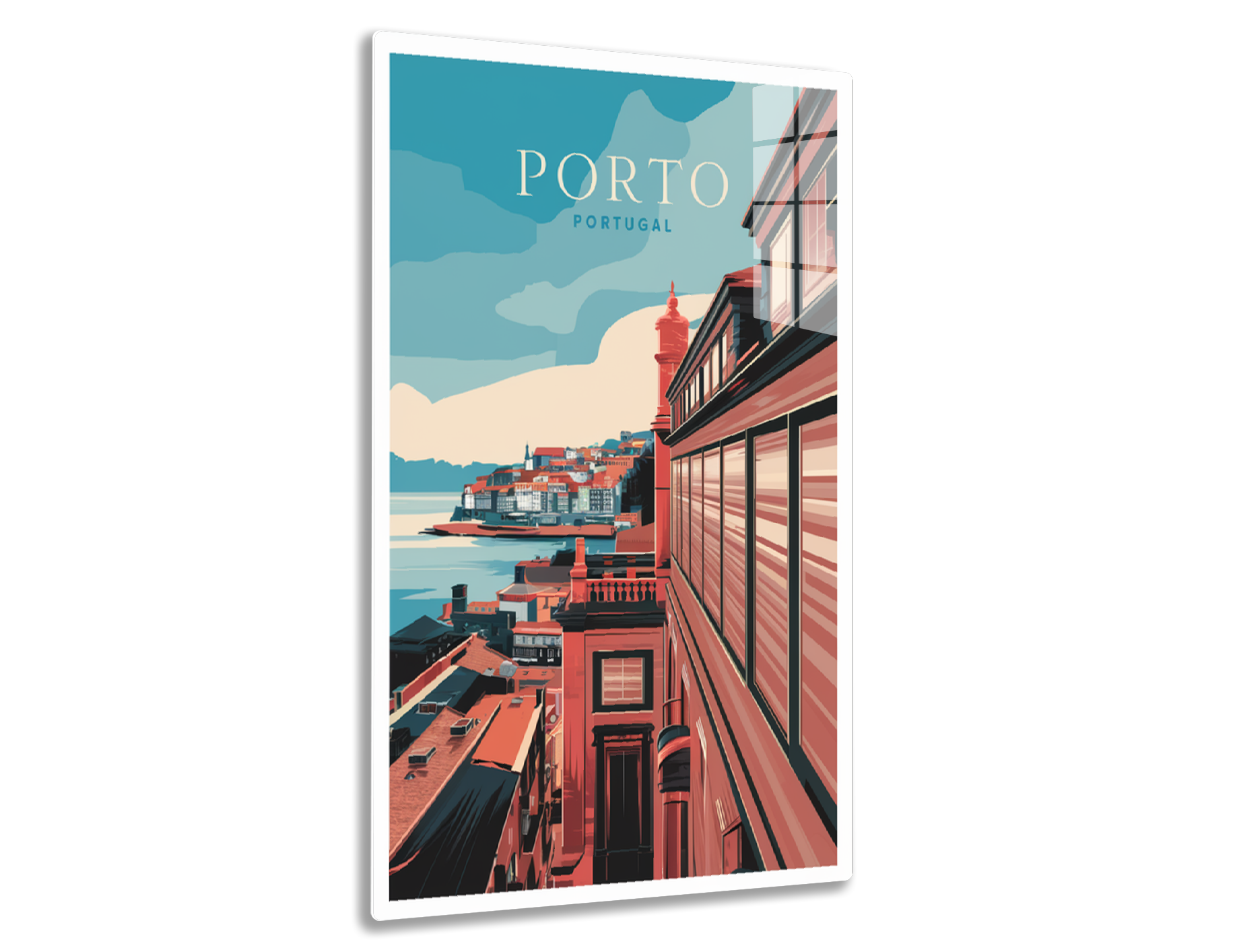 A vintage travel poster depicting a scenic view of the colorful tiled buildings and architectural details of the city of Porto, Portugal overlooking the waterfront.
