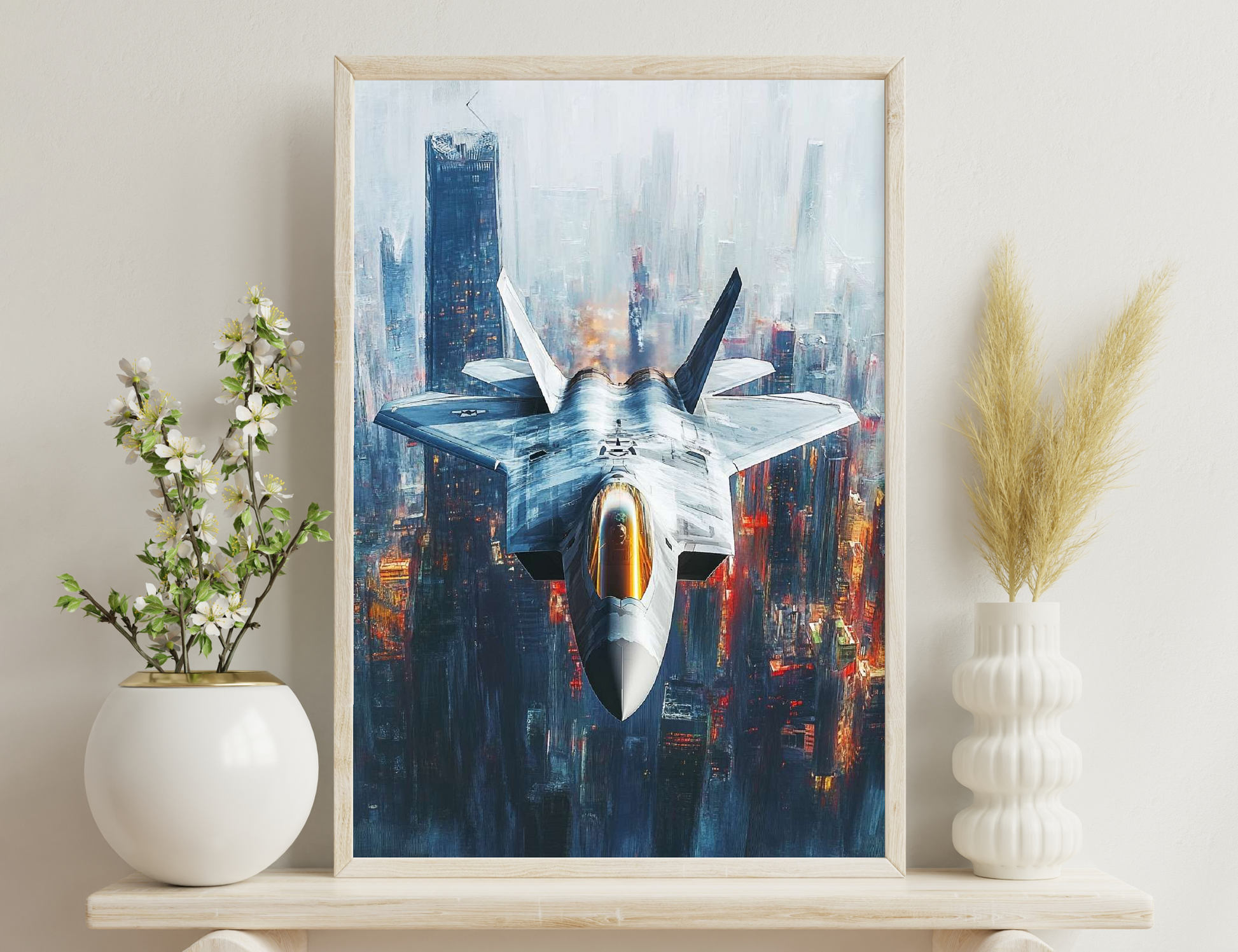 A fighter jet with afterburners engaged soars over a misty cityscape of towering skyscrapers, creating a striking contrast between military power and modern urbanity.

