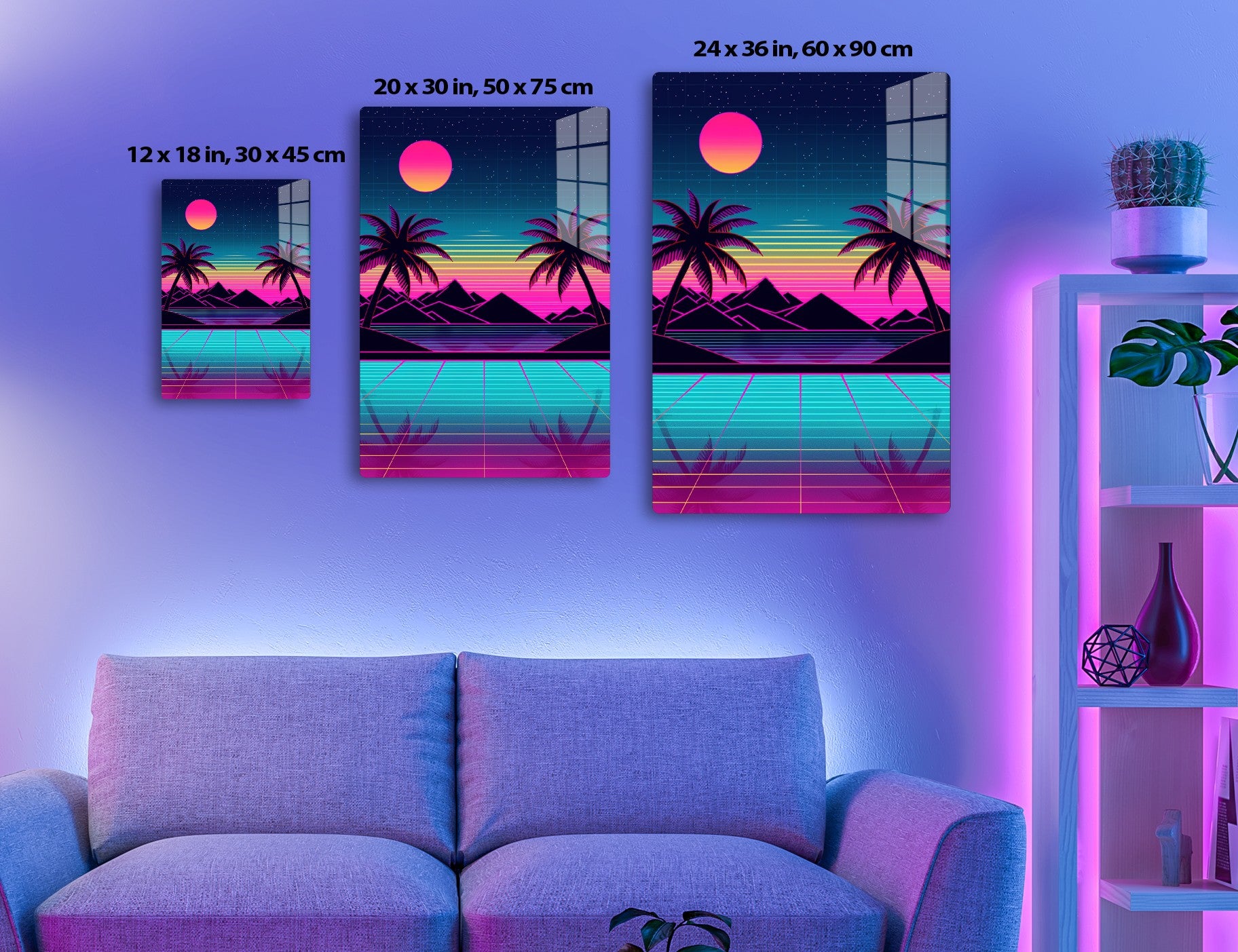 Retro-futuristic landscape with a vibrant pink sun, silhouetted pyramids, neon palm trees, and a tiled floor reflecting the vivid colors, creating a synthwave vaporwave aesthetic.
