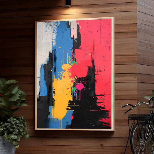 Abstract expressionist painting featuring bold splashes and drips of blue, red, yellow, pink, and black colors, creating an energetic and dynamic composition.
