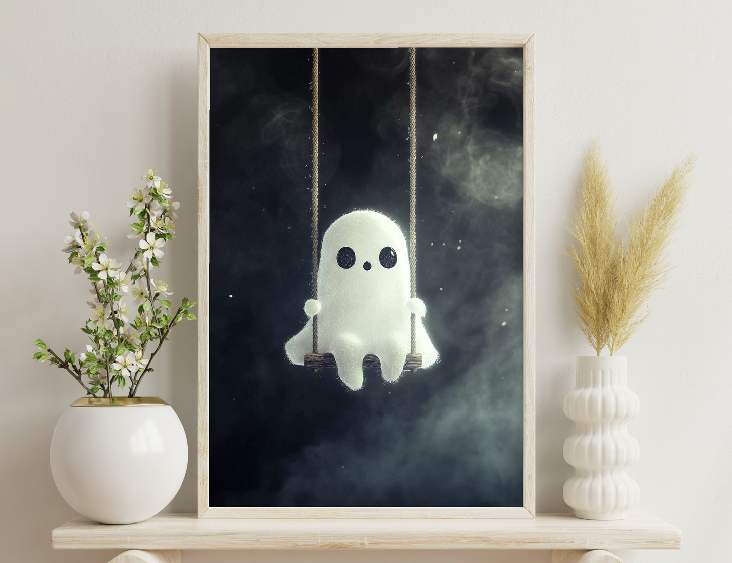 A ghostly white figure with black eyes swings on ropes against a misty, dark background with floating specks, creating a whimsical, ethereal scene reminiscent of a haunting or supernatural encounter.
