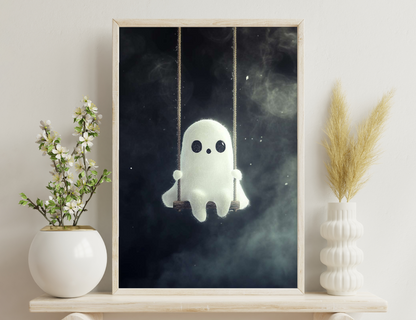 A ghostly white figure with black eyes swings on ropes against a misty, dark background with floating specks, creating a whimsical, ethereal scene reminiscent of a haunting or supernatural encounter.
