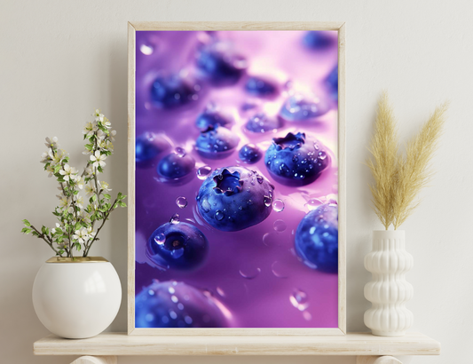 Vibrant macro image of water droplets in shades of blue and purple, with intricate details and bokeh effect capturing the beauty of liquid formations.
