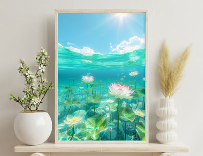 Underwater view of a serene pond with lotus flowers blooming beneath the water's surface, capturing sunlight streaming through the gentle waves above.

