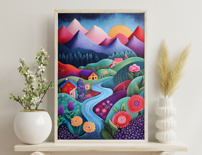 A vibrant landscape depicting colorful mountains, houses nestled amidst winding rivers and blooming floral fields under an orange sun, showcasing a harmonious fusion of natural and architectural elements in a stylized, whimsical style
